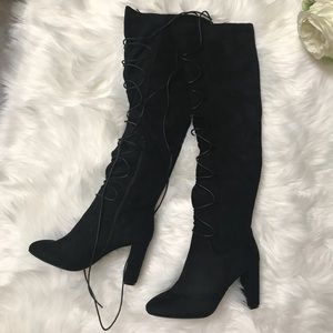 Over the Knee black wrap tie up front boots